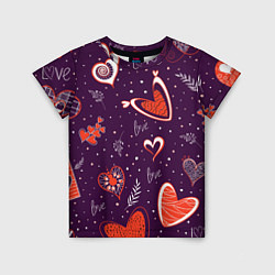 Детская футболка Красно-белые сердечки и слово love на темно фиолет