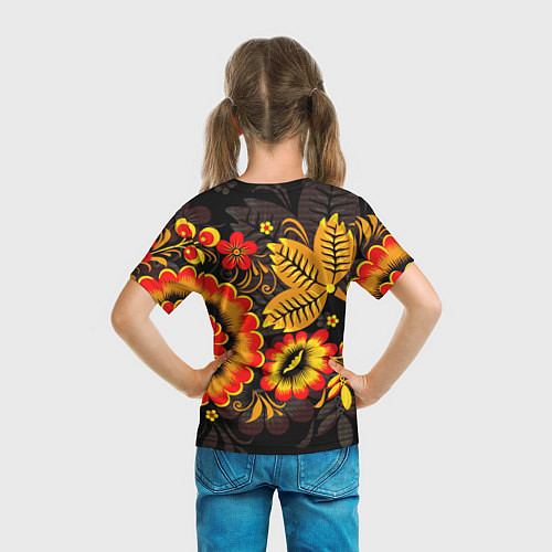 Детская футболка Хохломская Роспись Цветы На Тёмном Фоне / 3D-принт – фото 6