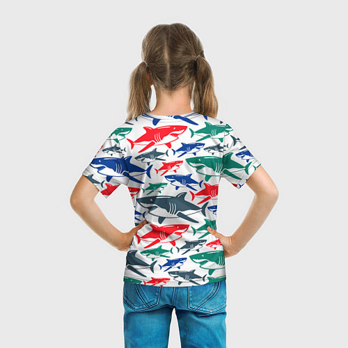 Детская футболка Стая разноцветных акул - паттерн / 3D-принт – фото 6