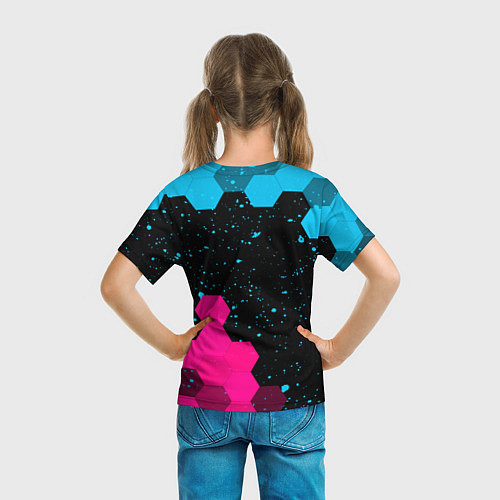 Детская футболка Nissan - neon gradient: символ и надпись вертикаль / 3D-принт – фото 6