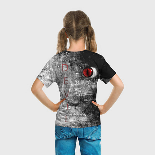Детская футболка Дьявольские женские глаза с буквами на чб фоне / 3D-принт – фото 6