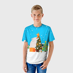 Футболка детская Крупный заяц наряжает елочку, цвет: 3D-принт — фото 2