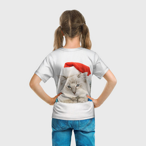 Детская футболка Белый кот в шапочке деда мороза / 3D-принт – фото 6