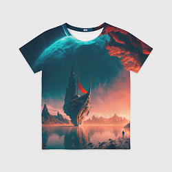 Футболка детская Абстрактный летающий корабль и луна, цвет: 3D-принт