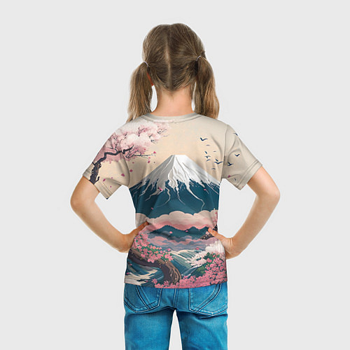 Детская футболка Японский пейзаж: цветение сакуры у горы Фудзияма / 3D-принт – фото 6