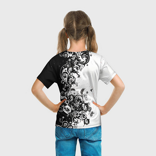 Детская футболка Черно-белая птица среди узорчатых цветов / 3D-принт – фото 6