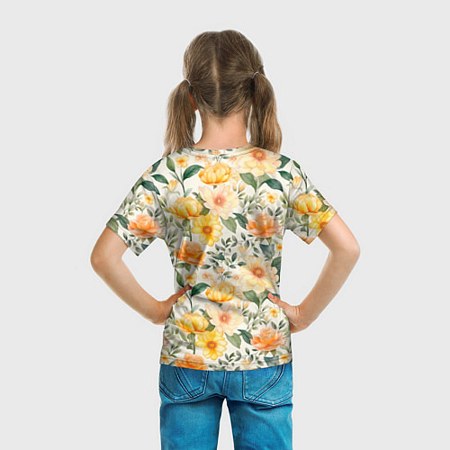 Детская футболка Желтые и розовые хризантемы и пионы на светлом фон / 3D-принт – фото 6