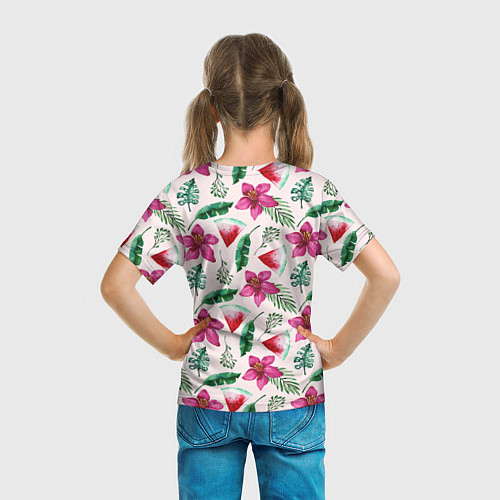 Детская футболка Арбузы, цветы и тропические листья / 3D-принт – фото 6
