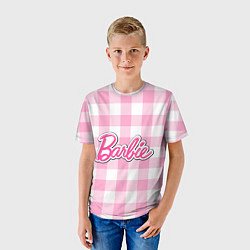 Футболка детская Барби лого розовая клетка, цвет: 3D-принт — фото 2