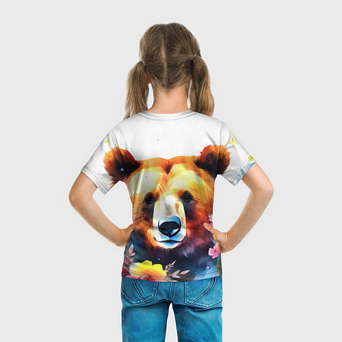 Детская футболка Морда медведя гризли с цветами акварелью / 3D-принт – фото 6