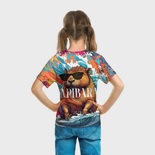 Детская футболка Капибара в очках на красочных волнах / 3D-принт – фото 6