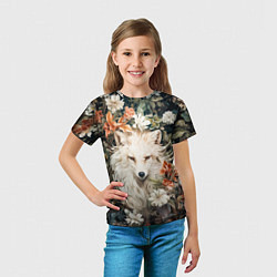 Футболка детская Белая лисица в кустах цветов, цвет: 3D-принт — фото 2