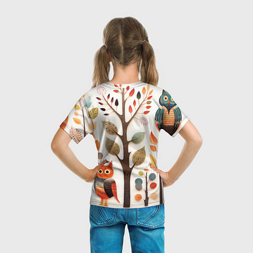 Детская футболка Совы в осеннем лесу в стиле фолк-арт / 3D-принт – фото 6