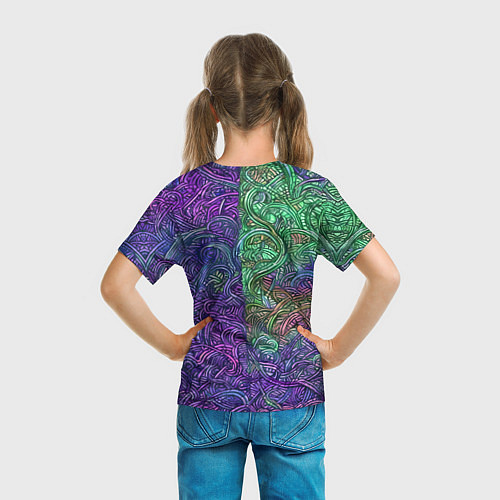 Детская футболка Вьющийся узор фиолетовый и зелёный / 3D-принт – фото 6