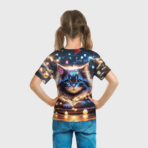 Детская футболка Кот с гирляндой среди новогодних украшений / 3D-принт – фото 6