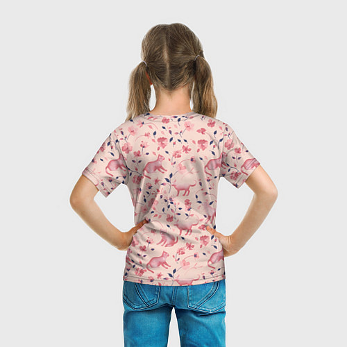 Детская футболка Розовый паттерн с цветами и котиками / 3D-принт – фото 6