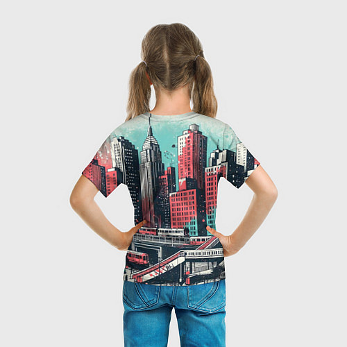 Детская футболка Силуэты небоскребов в брызгах красной и голубой кр / 3D-принт – фото 6