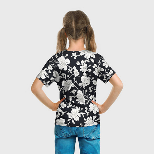 Детская футболка Патерн белых цветов на черном фоне / 3D-принт – фото 6