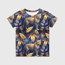 Футболка детская Леопард с золотыми листьями паттерны, цвет: 3D-принт
