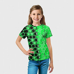 Футболка детская Техно-киберпанк шестиугольники зелёный и чёрный с, цвет: 3D-принт — фото 2