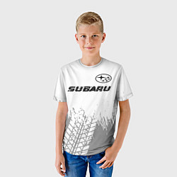 Футболка детская Subaru speed на светлом фоне со следами шин посере, цвет: 3D-принт — фото 2