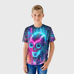 Футболка детская Neon skull in metropolis - future, цвет: 3D-принт — фото 2