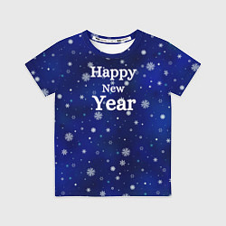 Футболка детская Happy new year паттерн синий со снежинками, цвет: 3D-принт