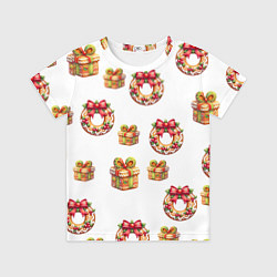 Футболка детская Много новогодних пончиков и подарков с бантиком и, цвет: 3D-принт