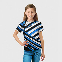 Футболка детская Бело-синие диагональные полосы на чёрном фоне, цвет: 3D-принт — фото 2