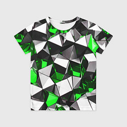 Футболка детская Зелёно-белые рельефные треугольники на чёрном фоне, цвет: 3D-принт