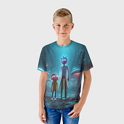 Футболка детская Морти и Рик в сказочном неоновом грибном лесу, цвет: 3D-принт — фото 2