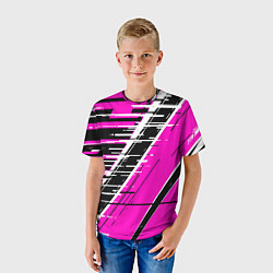 Футболка детская Чёрно-белые глитч полосы на розовом фоне, цвет: 3D-принт — фото 2