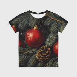 Футболка детская Красные новогодние шары с шишкой, цвет: 3D-принт