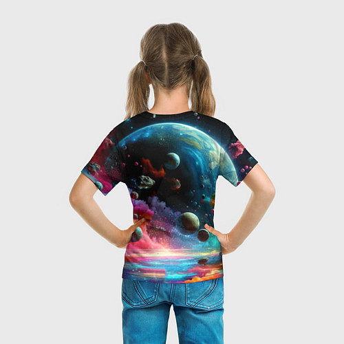 Детская футболка Лев бравый космонавт - неоновый космос / 3D-принт – фото 6