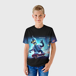 Футболка детская Bender is a skateboarder in neon street - ai art, цвет: 3D-принт — фото 2