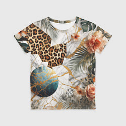 Футболка детская Мрамор с цветами и леопардовый узор, цвет: 3D-принт