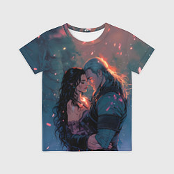 Футболка детская Йеннифэр и Геральт и розовые лепестки, цвет: 3D-принт
