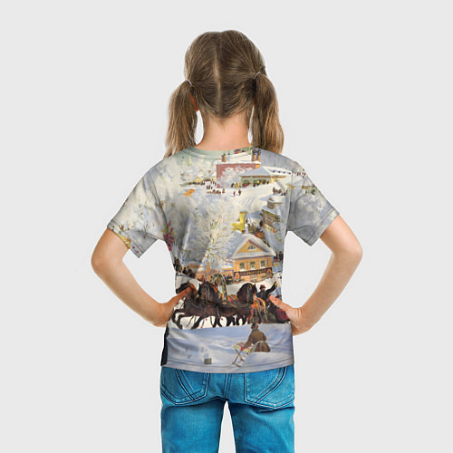 Детская футболка Русская тройка зимой - картина Масленица Кустодиев / 3D-принт – фото 6