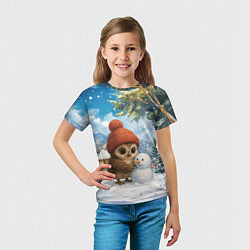 Футболка детская Совушка в шапочке лепит снеговика, цвет: 3D-принт — фото 2