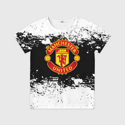 Футболка детская Манчестер Юнайтед черно белые краски лого, цвет: 3D-принт