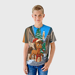Футболка детская Лошадка распаковывает новогодний подарок, цвет: 3D-принт — фото 2
