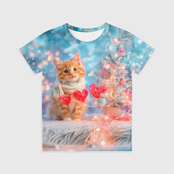 Футболка детская Котенок и гирлянда из сердечек, цвет: 3D-принт