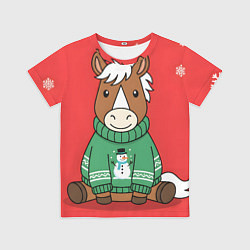 Футболка детская Новогодняя лошадка в зеленом свитере, цвет: 3D-принт