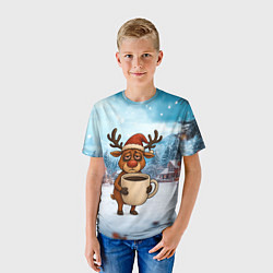 Футболка детская Уставший новогодний олень с кофе, цвет: 3D-принт — фото 2