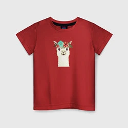Футболка хлопковая детская Милая лама альпака с цветами, цвет: красный