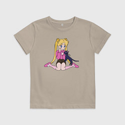 Футболка хлопковая детская Усаги и Луна, цвет: миндальный