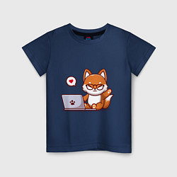 Футболка хлопковая детская Cute fox and laptop, цвет: тёмно-синий