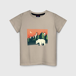Футболка хлопковая детская Белый медведь пейзаж с горами, цвет: миндальный