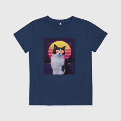 Футболка хлопковая детская Synthwave cat, цвет: тёмно-синий