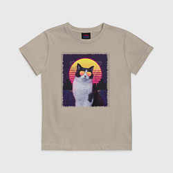 Футболка хлопковая детская Synthwave cat, цвет: миндальный
